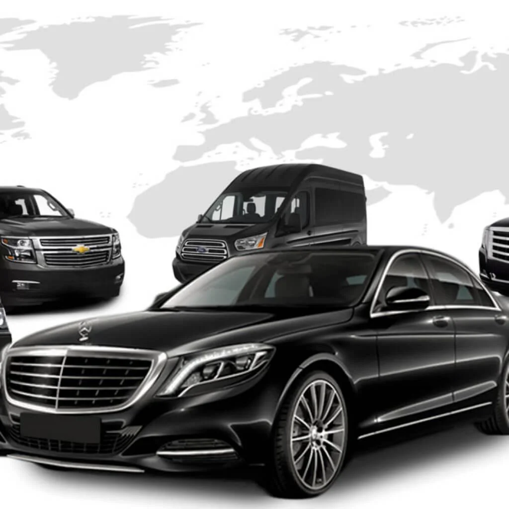 Various black cars on a map background