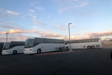 Three charter buses were parked in the afternoon