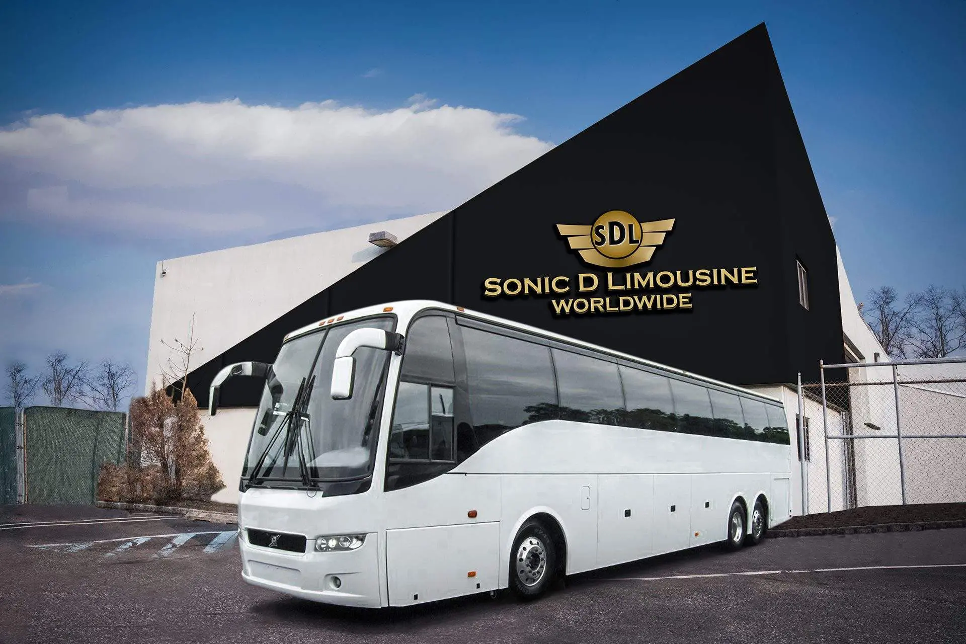 Sonic D Limousine logo in the background of a motor coach
