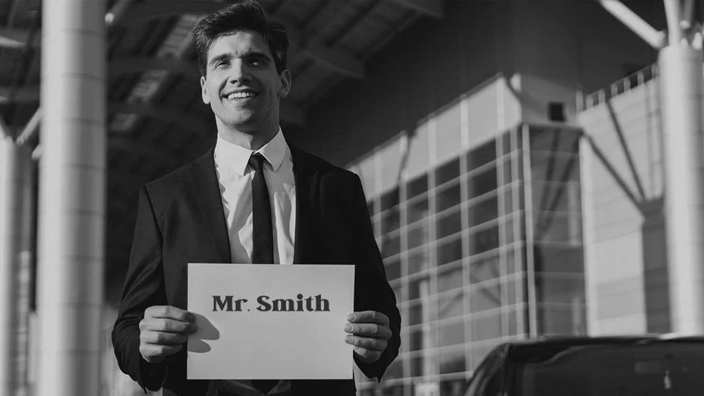 A Sonic D Limousine Chauffer holding a sign that says mr smith.