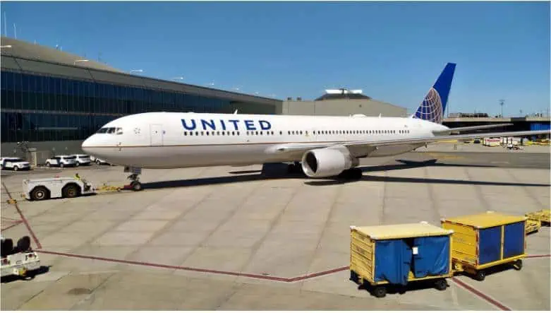 A United Airlines plane on the tarmac at Newark Airport.