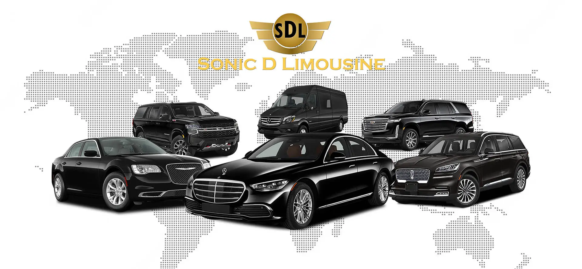 A fleet of reliable Luxury Black Car service vehicles lined up in front of a world map.