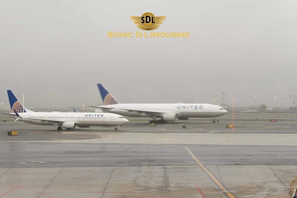 Sonic D Limousine Two united airlines planes parked on the tarmac.