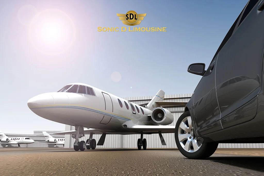Sonic D Limousine A car is parked next to a private jet.