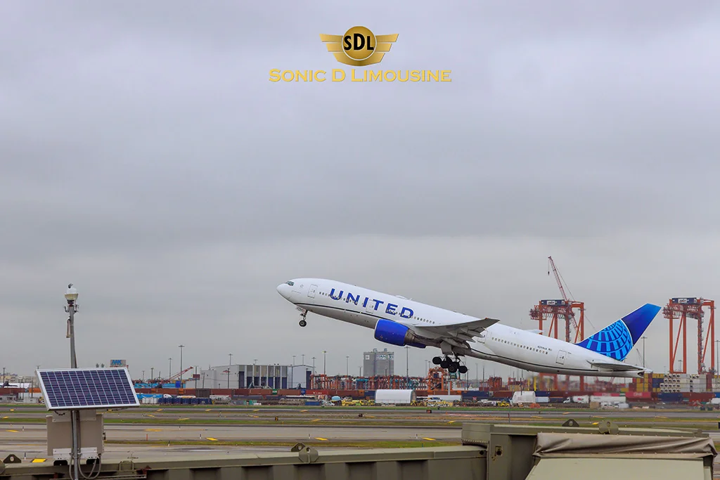 Sonic D Limousine A plane is taking off from an airport.