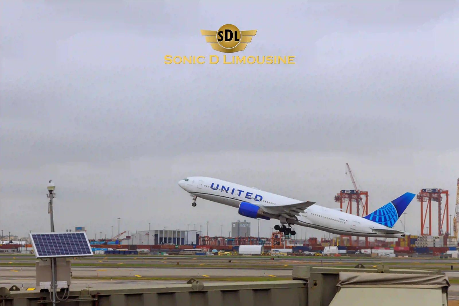 Sonic D Limousine A plane is taking off from an airport.