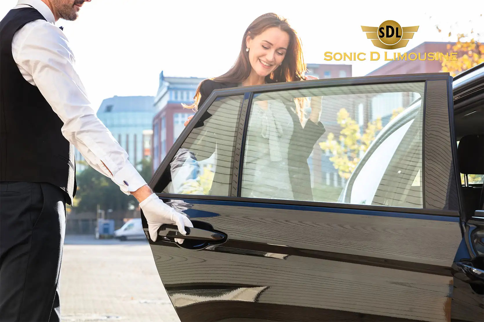 Sonic D Limousine A man and woman getting out of a car.