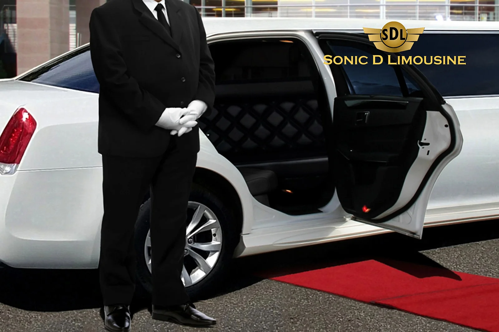 Sonic D Limousine A man in a suit standing next to a limo.