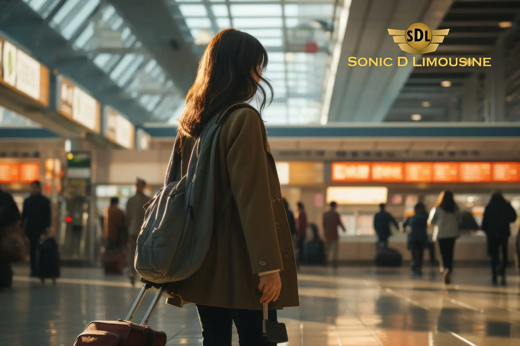 Sonic D Limousine A woman walking through an airport with her luggage.