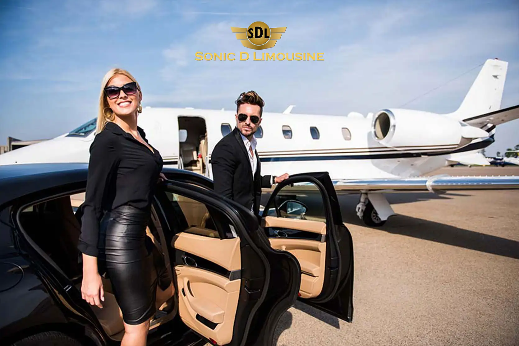 Sonic D Limousine A man and woman standing next to a private jet.