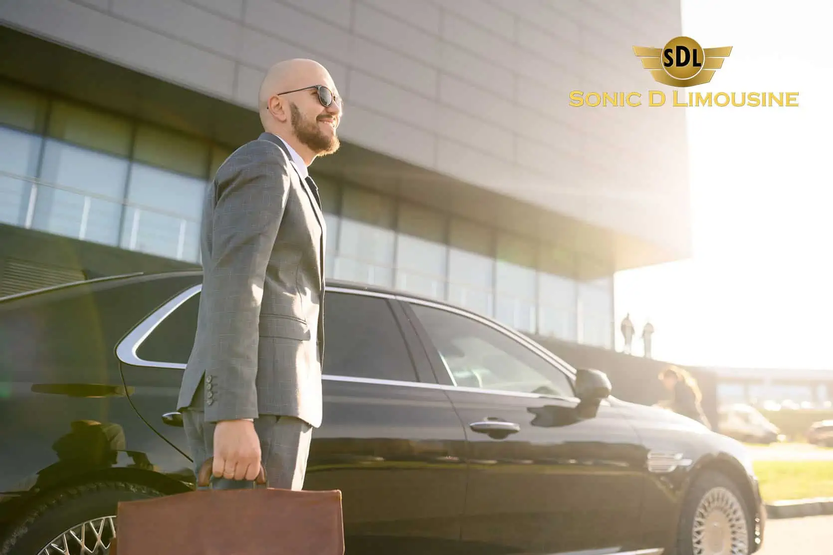 Sonic D Limousine A man with a briefcase is standing next to a mercedes benz.