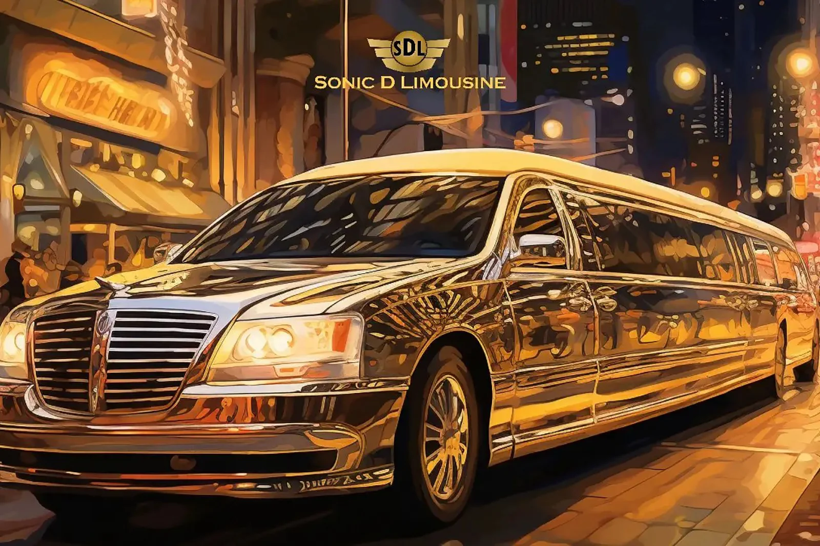 Sonic D Limousine A gold limo is parked on a city street.