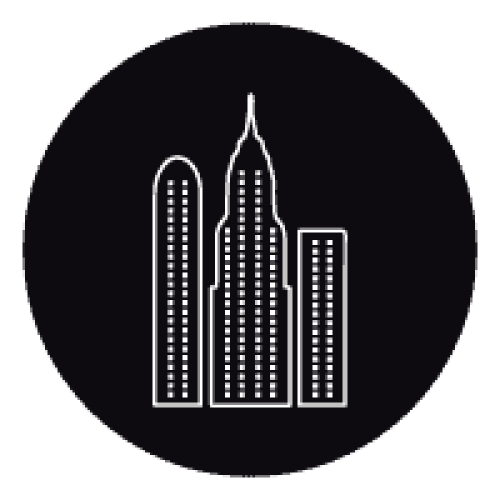 A black and white icon of a skyscraper.