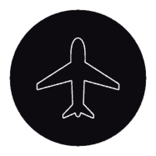 A white airplane icon on a black background.